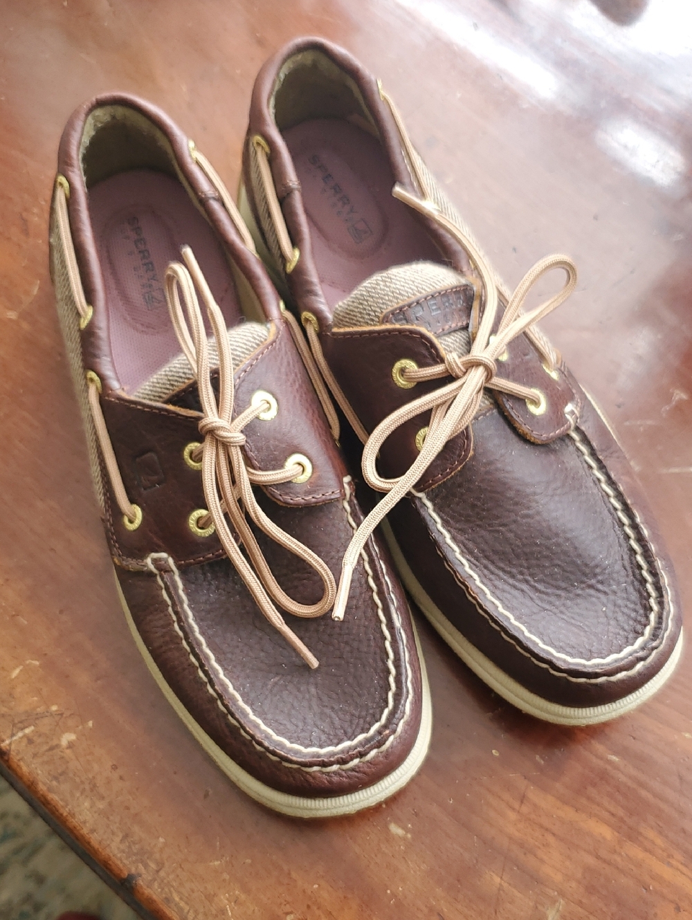 Sperry Women's Topsider Dark Brown Leather Two-Eye Boat Shoes with Tan Laces
